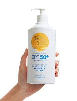 Front of SPF 50+ Body Sunscreen Lotion Pump Coconut Beach Scent bottle