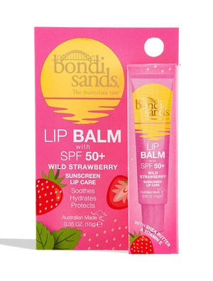 Front of SPF 50+ Lip Balm Wild Strawberry packaging