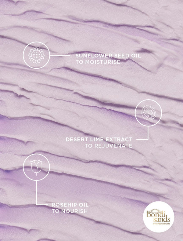 Ingredients graphic: sunflower seed oil to moisturise, desert lime extract to rejuvenate, rosehip oil to nourish