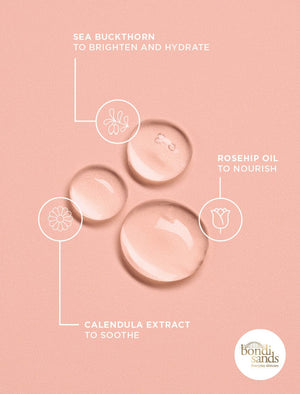 Ingredients graphic: sea buckthorn to brighten and hydrate, rosehip oil to nourish, calendula extract to soothe
