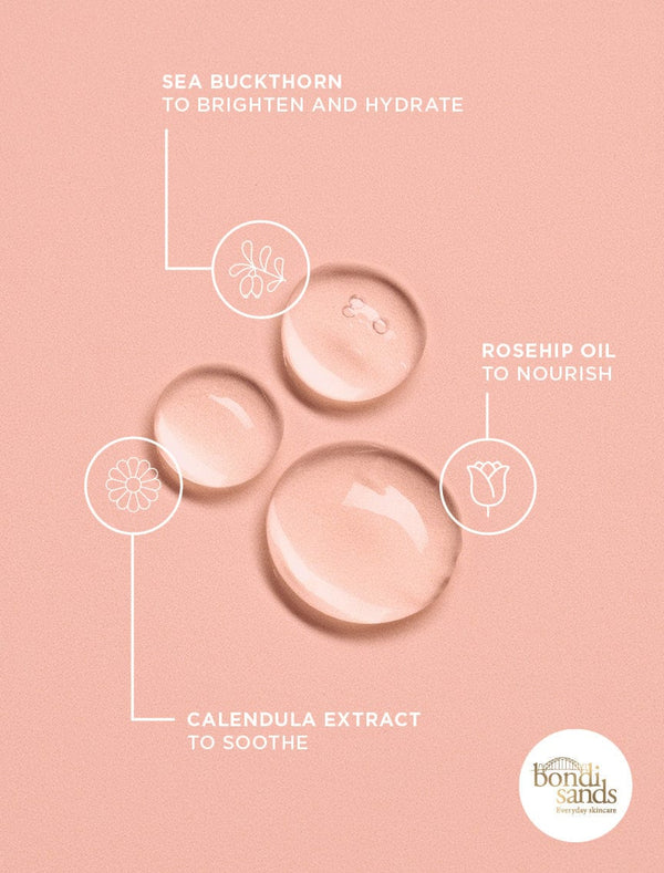 Ingredients graphic: sea buckthorn to brighten and hydrate, rosehip oil to nourish, calendula extract to soothe
