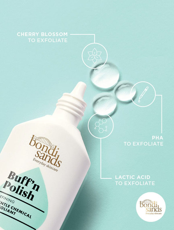 Ingredients graphic: cherry blossom to exfoliate, PHA to exfoliate, lactic acid to exfoliate 