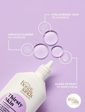 Ingredients graphic: Hyalauronic acid to hydrate, hibsicus flower to hydrate, algae extract to moisturise 