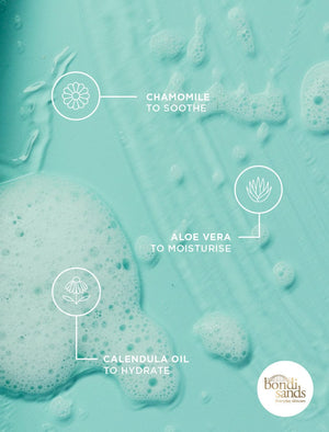 Ingredient Graphic: Chamomile to soothe, aloe vera to moisturise, calendula oil to hydrate 