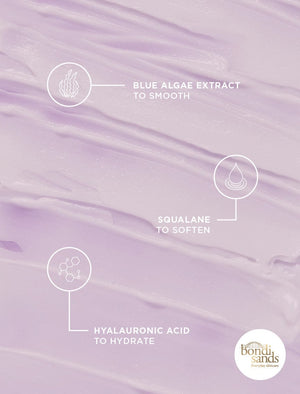 Ingredients graphic: Blue Algae extract to smooth, squalane to soften, Hyaluronic acid to hydrate 
