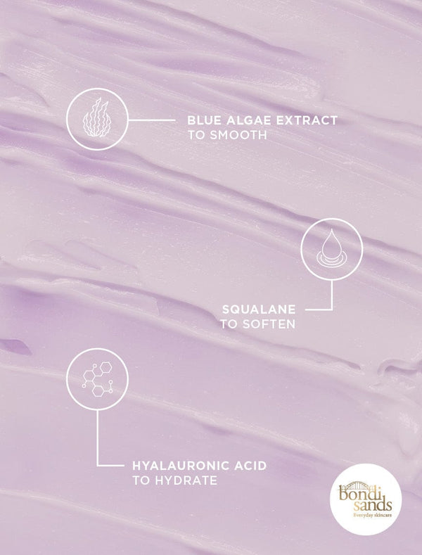 Ingredients graphic: Blue Algae extract to smooth, squalane to soften, Hyaluronic acid to hydrate 